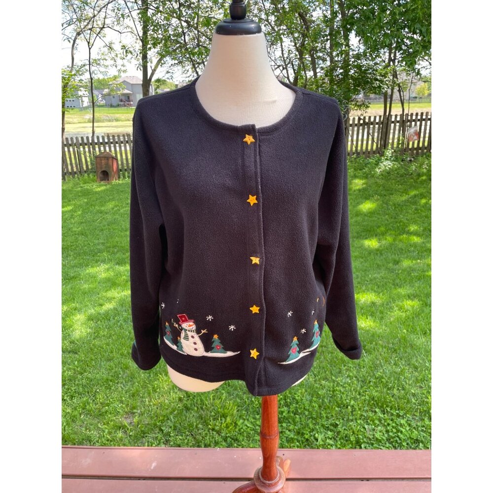 Vintage Katherine Bishop Holiday Fleece Cardigan With Snowman & Tree Embroidery